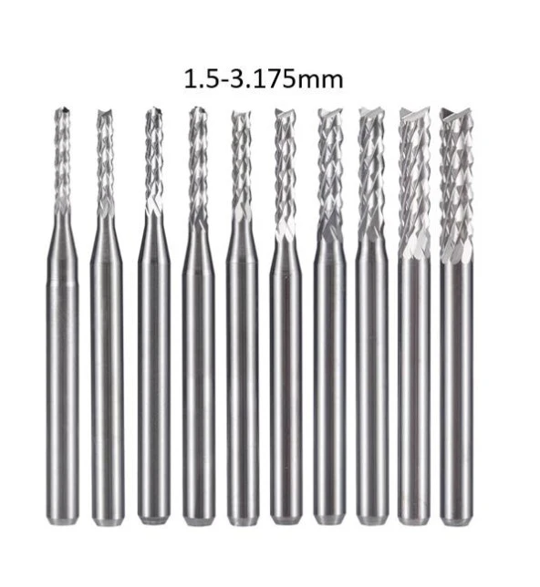 Tungsten Karbür PCB Kesme Oyma CNC Freze Uç 1.5-3.1mm 10lu Set ürün görseli 1