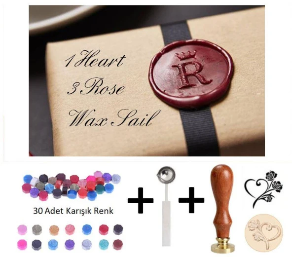 Retro Mektup Mühürü Damga 1 Kalp 3 Gül + 30 Adet Mühür Mumu + Eritme Kaşığı ürün görseli 1