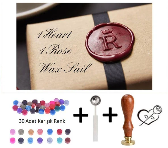 Retro Mektup Mühürü Damga 1 Kalp 1 Gül + 30 Adet Mühür Mumu + Eritme Kaşığı ürün görseli 1