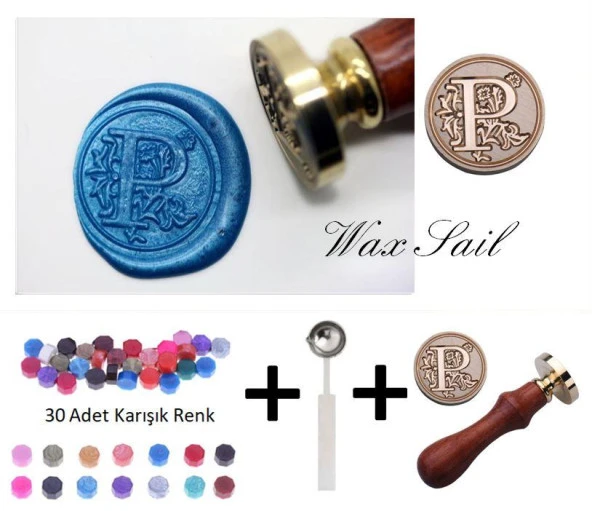 Retro Mektup Mühürü Damga P Harfi + 30 Adet Mühür Mumu + Eritme Kaşığı ürün görseli 1