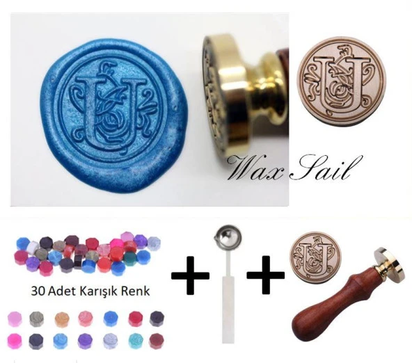 Retro Mektup Mühürü Damga U Harfi + 30 Adet Mühür Mumu + Eritme Kaşığı ürün görseli 1