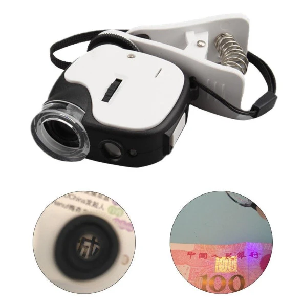 55X Büyüteç Telefon Klipsli Optik Makro Lens Büyüteç 2 LED 1 UV LED ORCA ürün görseli 1