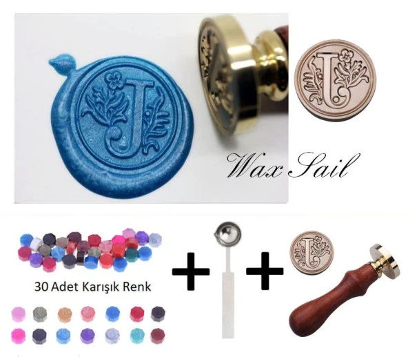 Retro Mektup Mühürü Damga J Harfi + 30 Adet Mühür Mumu + Eritme Kaşığı ürün görseli 1
