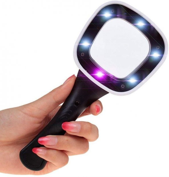 10X HD Lens 55mm 5 LED 1 UV Işıklı Kare El Büyüteç Okuma Kauçuk Çerçeve ürün görseli 1