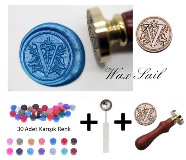 Retro Mektup Mühürü Damga V Harfi + 30 Adet Mühür Mumu + Eritme Kaşığı ürün görseli 1