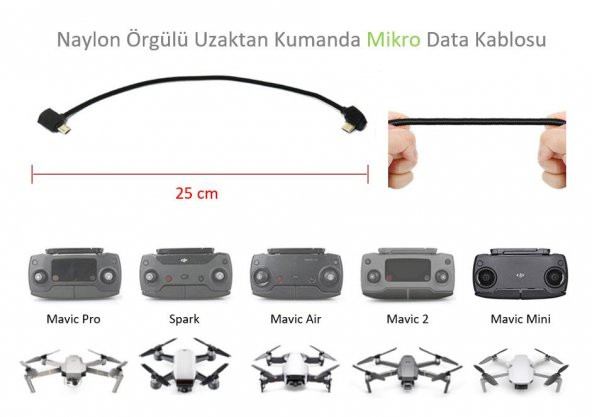 DJI Mavic Mini Uzaktan Kumanda İçin Mikro Data Veri Kablosu Naylon Örgülü ürün görseli 1