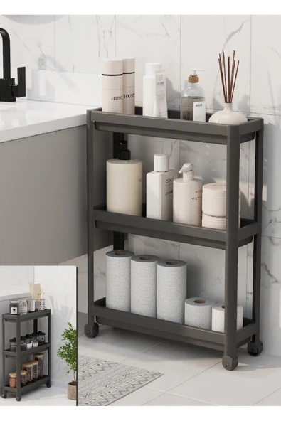 Slim Siyah 3 Katlı Tekerlekli Mutfak Ve Banyo Rafı Katlı Düzenleyici - Dar Alan Baharatlık Havluluk ürün görseli 1