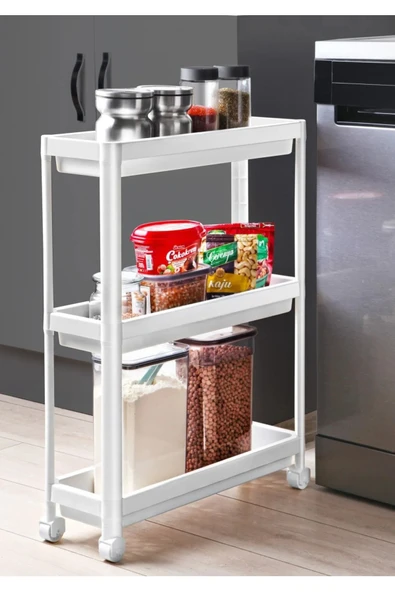Banyo Mutfak Düzenleyici Organizer Katlı Raf Beyaz Tekerlekli 3 Katlı Raf Ünitesi ürün görseli 1