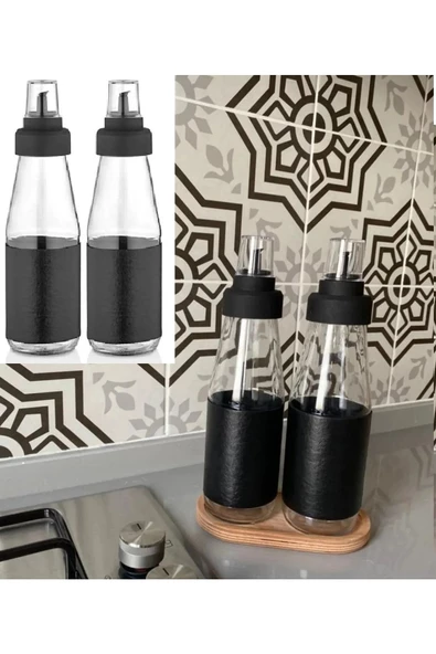 Deri Kılıflı Büyük Boy 3'lü Damlatmaz Ahşap Standlı Cam Yağlık Seti - 750 ml ürün görseli 1