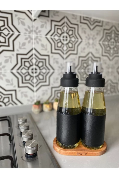 Deri Kılıf Ahşap Stadlı 3 Parça Büyük Boy Damlatmaz Akıllı Cam Yağlık Seti - 750 ml ürün görseli 1