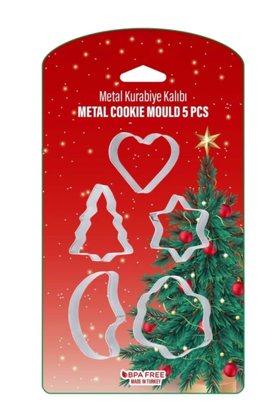 Yılbaşı Özel 5 Parça Metal Çam Ağacı Şekilli Kurabiye Kalıbı Seti Kalp Yıldız ürün görseli 1