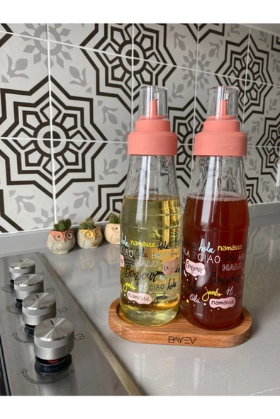 Pembe Kapak Ahşap Standlı 3' Lü Damlatmaz Akıllı 750 ml Yağlık Ve Sirkelik Seti ürün görseli 1