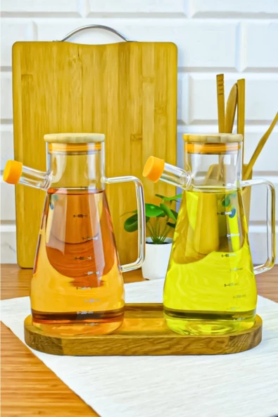 Yeni Seri Bambu Kapak 3 Parça Ahşap Standl 900 Ml Yağlık Sirkelik Seti ürün görseli 1