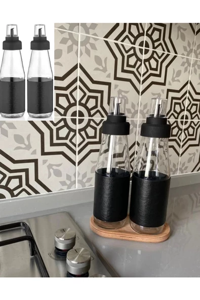 Deri Kılıflı Damlatmaz Ahşap Standlı 3 Parça Yağlık Sosluk Seti - 720 ml ürün görseli 1