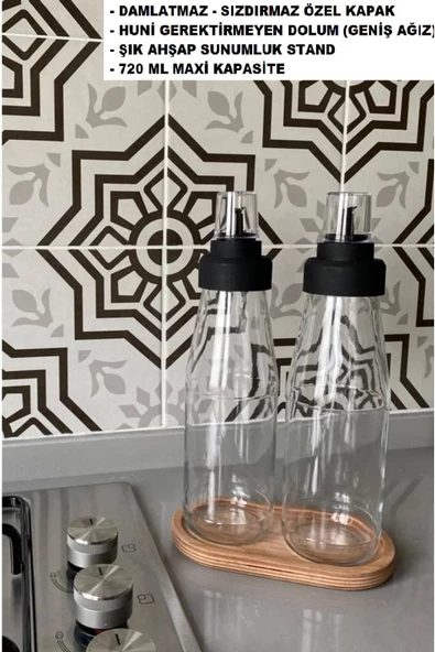 Büyük Boy Damlatmaz Akıllı Ahşap Standlı 3 Parça Cam Yağlık Seti - 720 ml ürün görseli 1