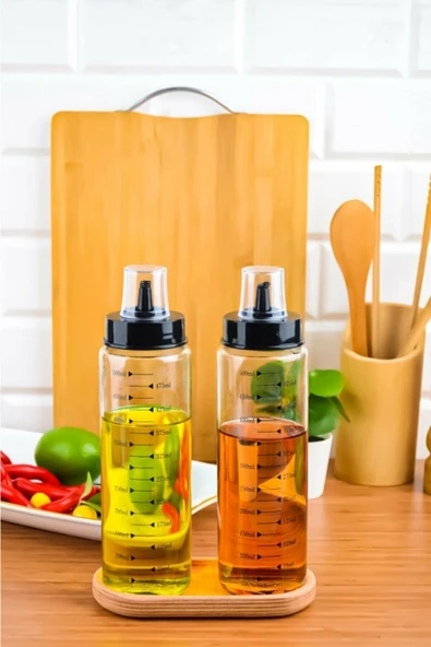Ahşap Stantlı 2`li 500 ml Damlatmaz Akıllı Cam Yağlık Sirkelik Seti ürün görseli 1