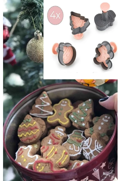 4'lü Kurabiye Kalıbı Çam Ağacı Gingerman Kardan Adam Basmalı Kopat Hamur Kesici 3133 Yılbaşı ürün görseli 1