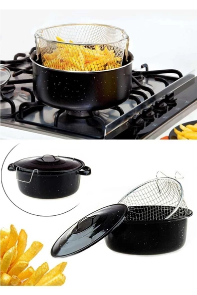 Kapaklı Emaye 25 Cm Cips Fritöz Kızartma Tenceresi Siyah ürün görseli 1