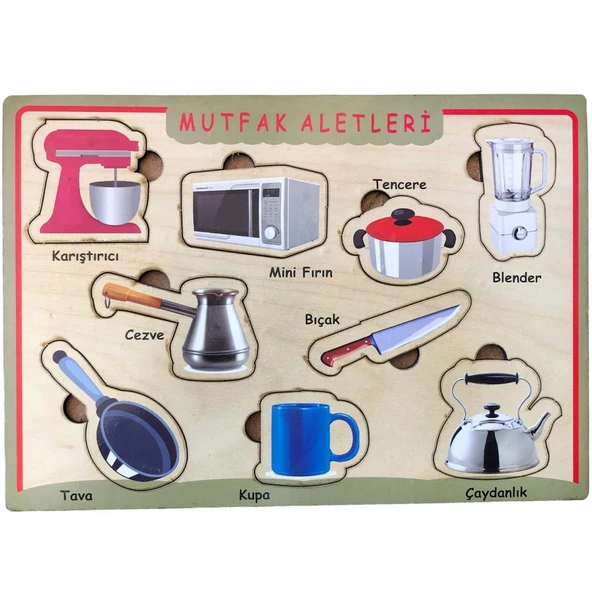 Farbu Oyuncak Ahşap Bultak Puzzle 9 Parça Arka Yüzü Yazı Tahtalı Yapboz Mutfak Aletleri ürün görseli 1