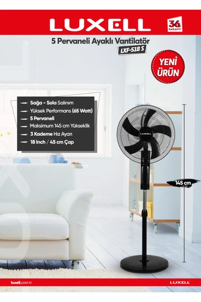 Luxell Lxf-518 S 5 Pervaneli Ayaklı Vantilatör - Resim 2
