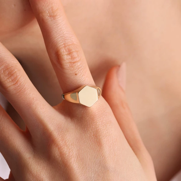 14K Altın Şövalye Yüzük (Kişiselleştir) Altıgen 1,0 cm ürün görseli 1