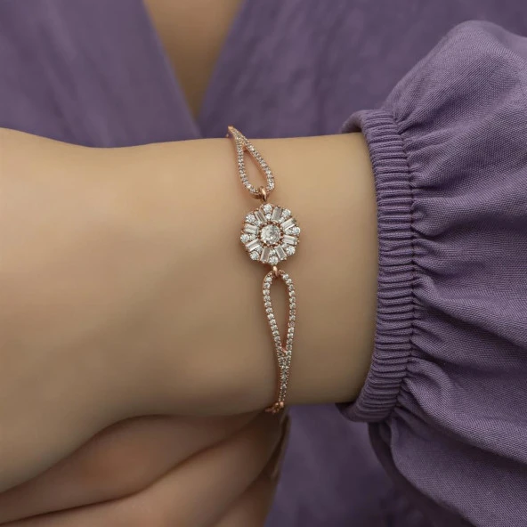 Baget Taşlı Çiçek Motifli Rose Gümüş Bayan Bileklik ürün görseli 1