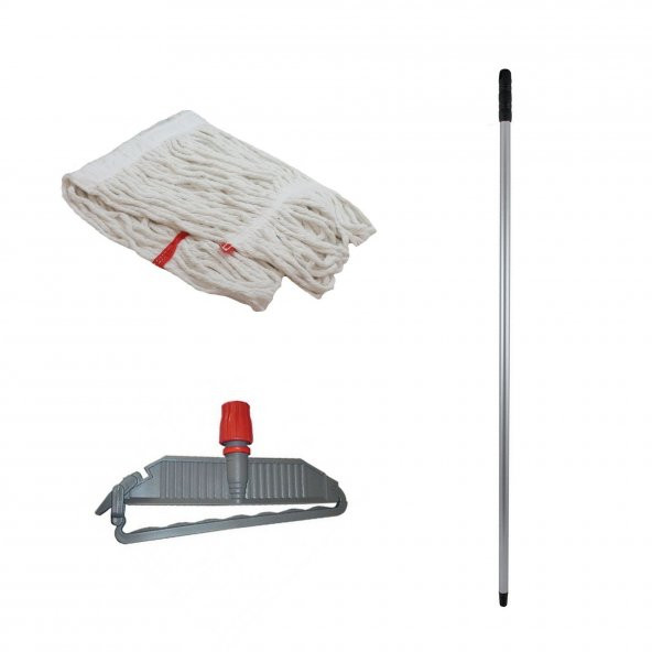 Geniş Yedek Islak Paspas Mop Takımı - Beyaz -Pamuklu -25 Cm. -320 Gr. -Mop + Metal Sap + Mop Tutucu ürün görseli 1