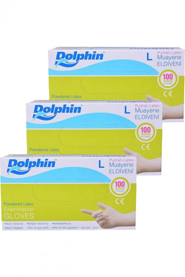 Dolphin Tek Kullanımlık Lateks Beyaz Pudralı Large Büyük Boy Muayne Eldiveni - 3 Adet 100'lü Paket ürün görseli 1