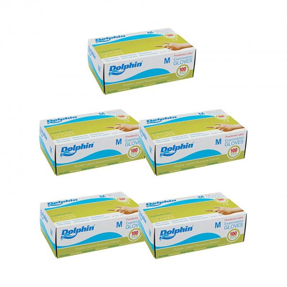 Dolphin Tek Kullanımlık Lateks Beyaz Pudralı Medium Muayne Eldiveni - 5 Adet 100'lü Paket / Koli ürün görseli 1