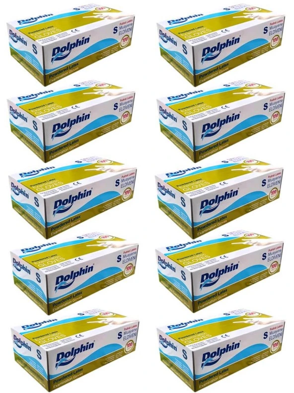 Dolphin Tek Kullanımlık Muayne Eldiveni Pudralı Beyaz Small Lateks 100 Adetlik 10 Paket - Koli ürün görseli 1