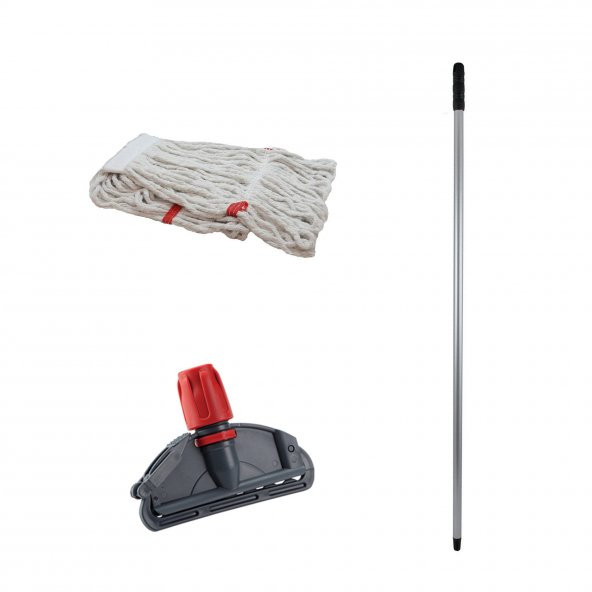 Dar Yedek Islak Mop Takımı - Beyaz 350 Gr. 17 Cm. Islak Mop + Metal Sap + Mop Tutucu ürün görseli 1