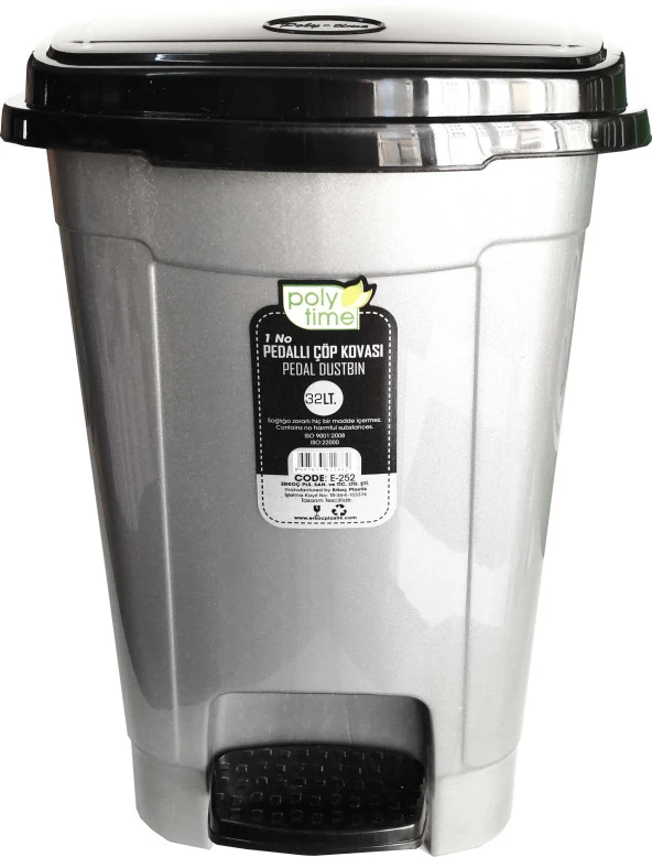 Polytime Pedallı Basmalı Çöp Kutusu Kovası / Çıkarılabilir İç Kovalı / Gri / 32 Litre / 47x35x35 Cm. ürün görseli 1