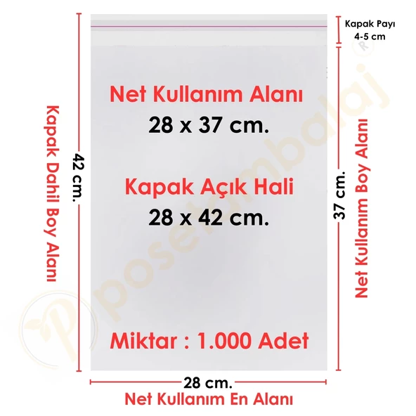 28x37+5 cm. (28x42) 1.000 Adet Şeffaf Bantlı Yapışkanlı Jelatin Poşet ürün görseli 1