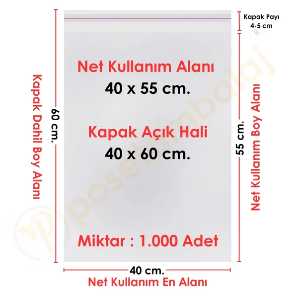 40x55+5 cm. (40x60) 1.000 Adet Şeffaf Bantlı Yapışkanlı Jelatin Poşet ürün görseli 1