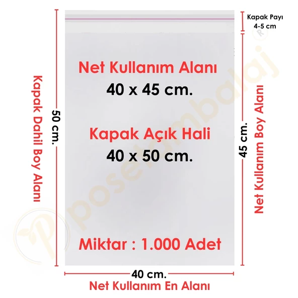 40x45+5 cm. (40x50) 1.000 Adet Şeffaf Bantlı Yapışkanlı Jelatin Poşet ürün görseli 1