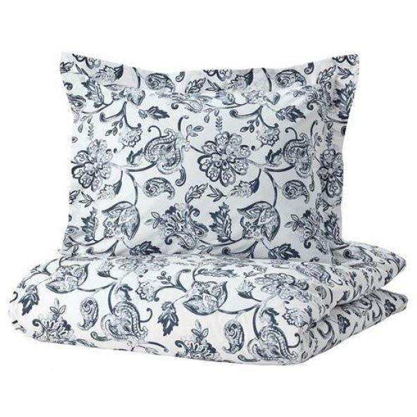 Tek Kişilik Nevresim Takımı 150x200/50x60 cm MeridyenDukkan Beyaz-Mavi Çiçek Desen-Çarşafsız ürün görseli 1