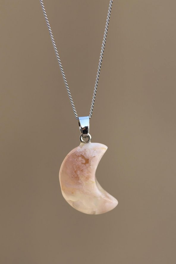 Flower Agate Doğal Taş Ay Model Kolye ürün görseli 1