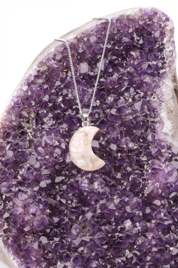 Flower Agate Doğal Taş Ay Model Kolye - Resim 2