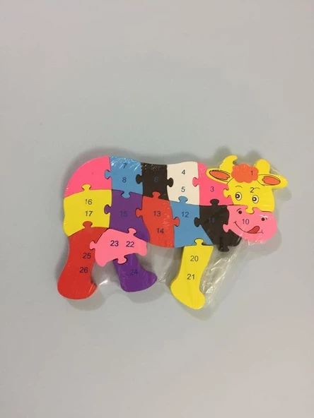 Ahşap İnek Figürlü Renkli Puzzle/Yapboz 15 Parça Eğitici Oyuncak ürün görseli 1