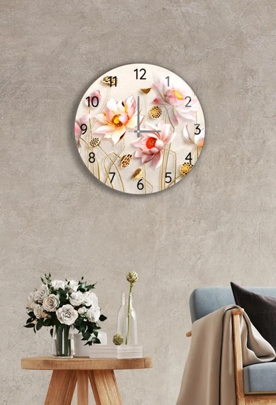 Çap 27cm - Ballı Çiçekler - Dekoratif Cam Duvar Saati ürün görseli 1