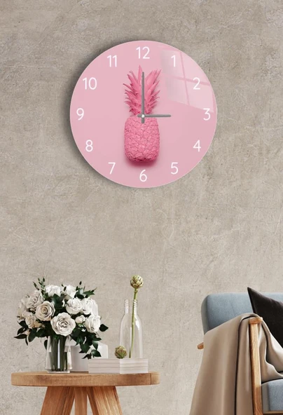 Çap 27 Cm Pembe Ananas Dekoratif Cam Saat ürün görseli 1