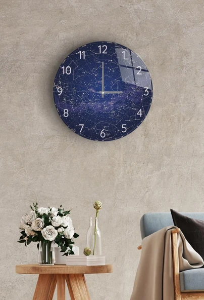 Çap 27cm - Gökyüzü Haritası - Dekoratif Cam Duvar Saati ürün görseli 1