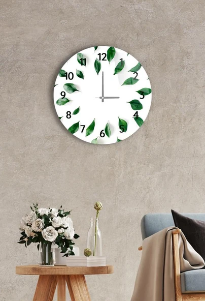 Çap 27cm - Beyaz Yeşil Yaprakları - Dekoratif Cam Duvar Saati ürün görseli 1