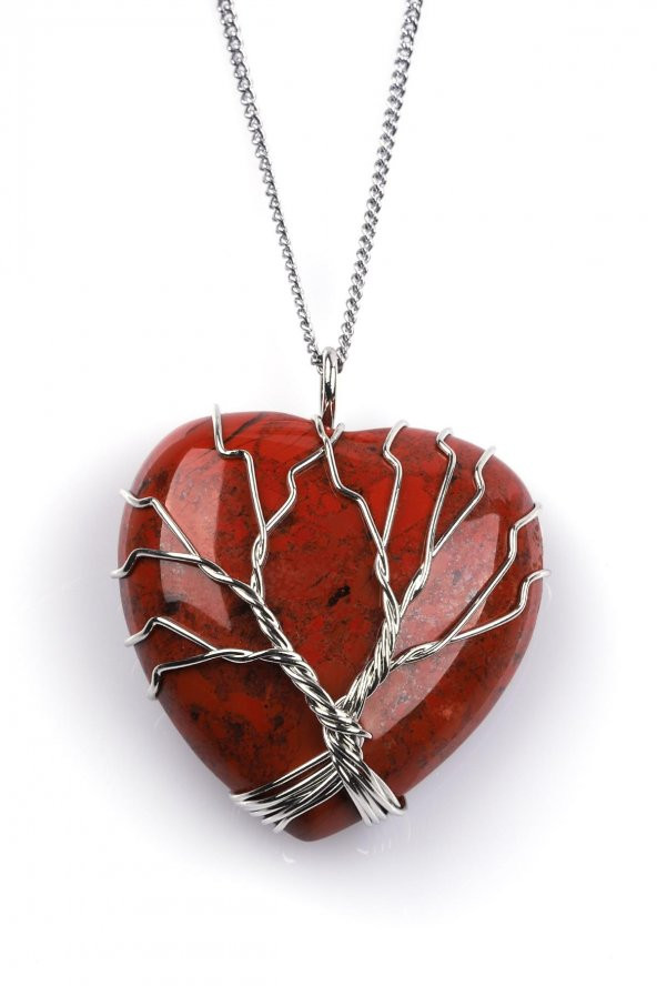 Red Jasper Doğal Taş Kalp Model Tel Sarmalı Kolye ürün görseli 1
