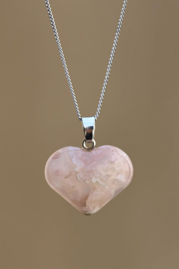 Flower Agate Doğal Taş Kalp Model Kolye ürün görseli 1