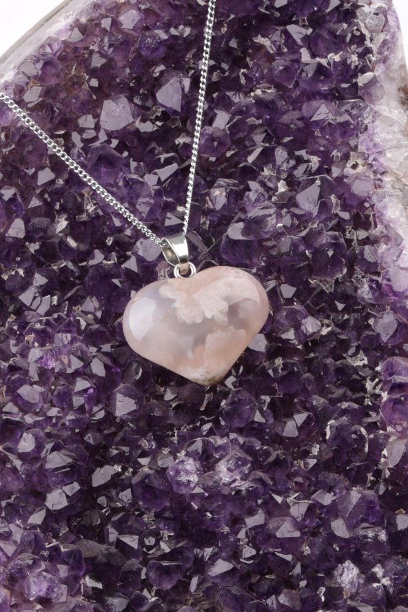 Flower Agate Doğal Taş Kalp Model Kolye - Resim 2
