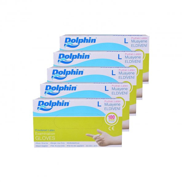 Dolphin Tek Kullanımlık Lateks Beyaz Pudralı Large ( L ) Muayne Eldiveni - 5 Adet 100'lü Paket ürün görseli 1