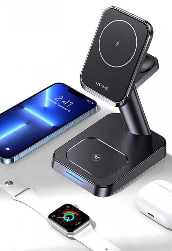 Usams US-CC150 20W 3in1 TypeC iPhone/AirPods/Apple iWatch Manyetik Kablosuz Şarj Standı ürün görseli 1
