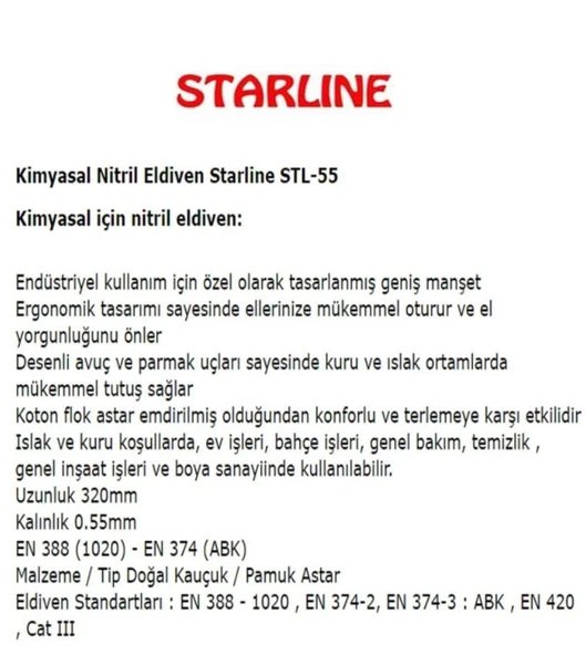 Kimyasal Nitril Eldiven Starline Stl-55 (9-9,5 Numara)5 Çift - Resim 6