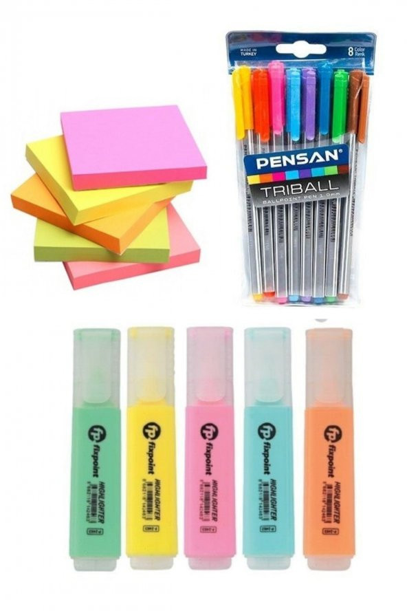 Pensan Tribal Tükenmez Kalem + Fixpoint 5 Renk Pastel Fosforlu Kalem + 5 Renk Post-it 80 Yaprak ürün görseli 1